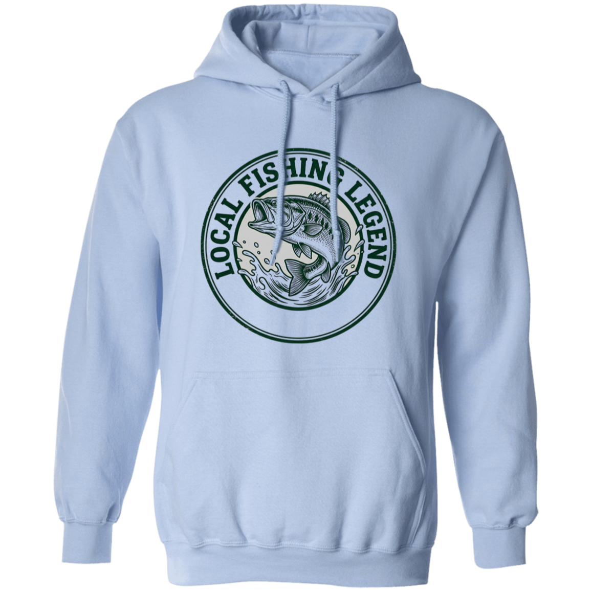 Local Fishing Legend hoodie with a jumping bass in light-blue