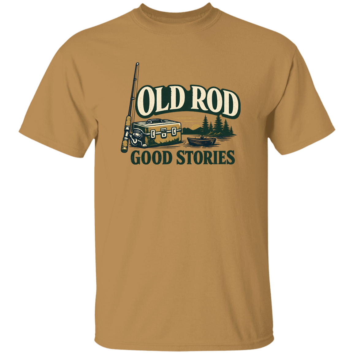 Old Gold color old Rod Good Stories vintage fishing design t-shirt with rod, tackle box, boat, and lake scene