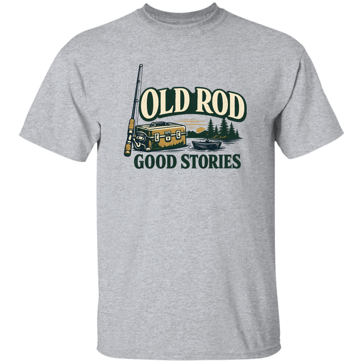 Sport Grey old Rod Good Stories vintage fishing design t-shirt with rod, tackle box, boat, and lake scene