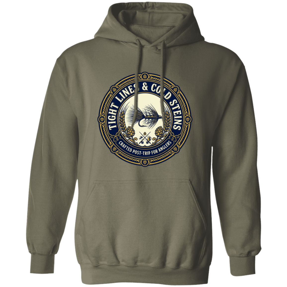 Military Green color Tight Lines & Cold Steins fly fishing hoodie for anglers vintage badge graphic.