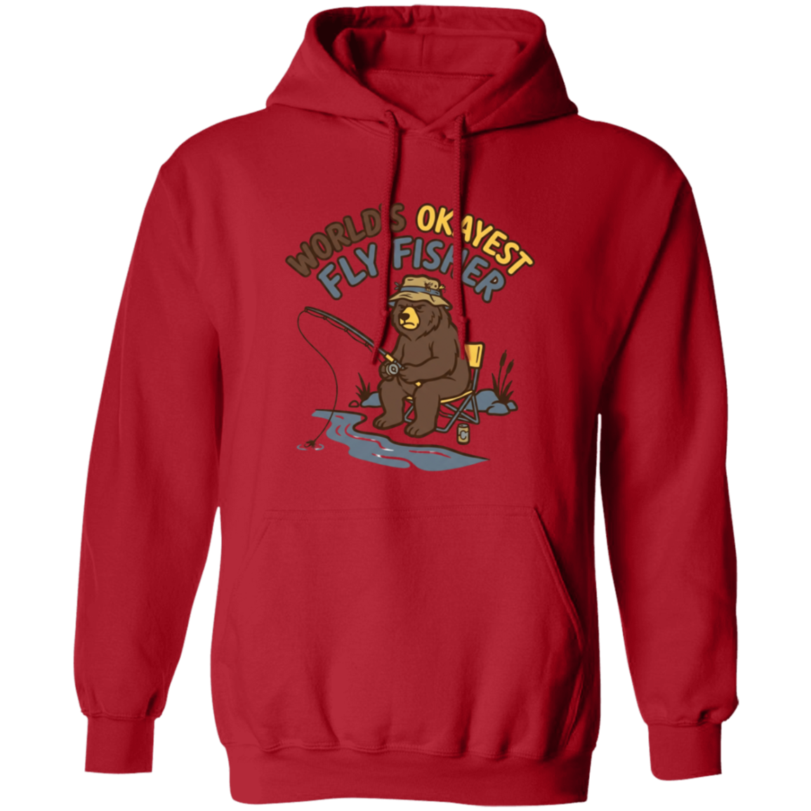 Red color Funny fly fishing bear graphic Hoodie for men and women – World's Okayest Fly Fisher.