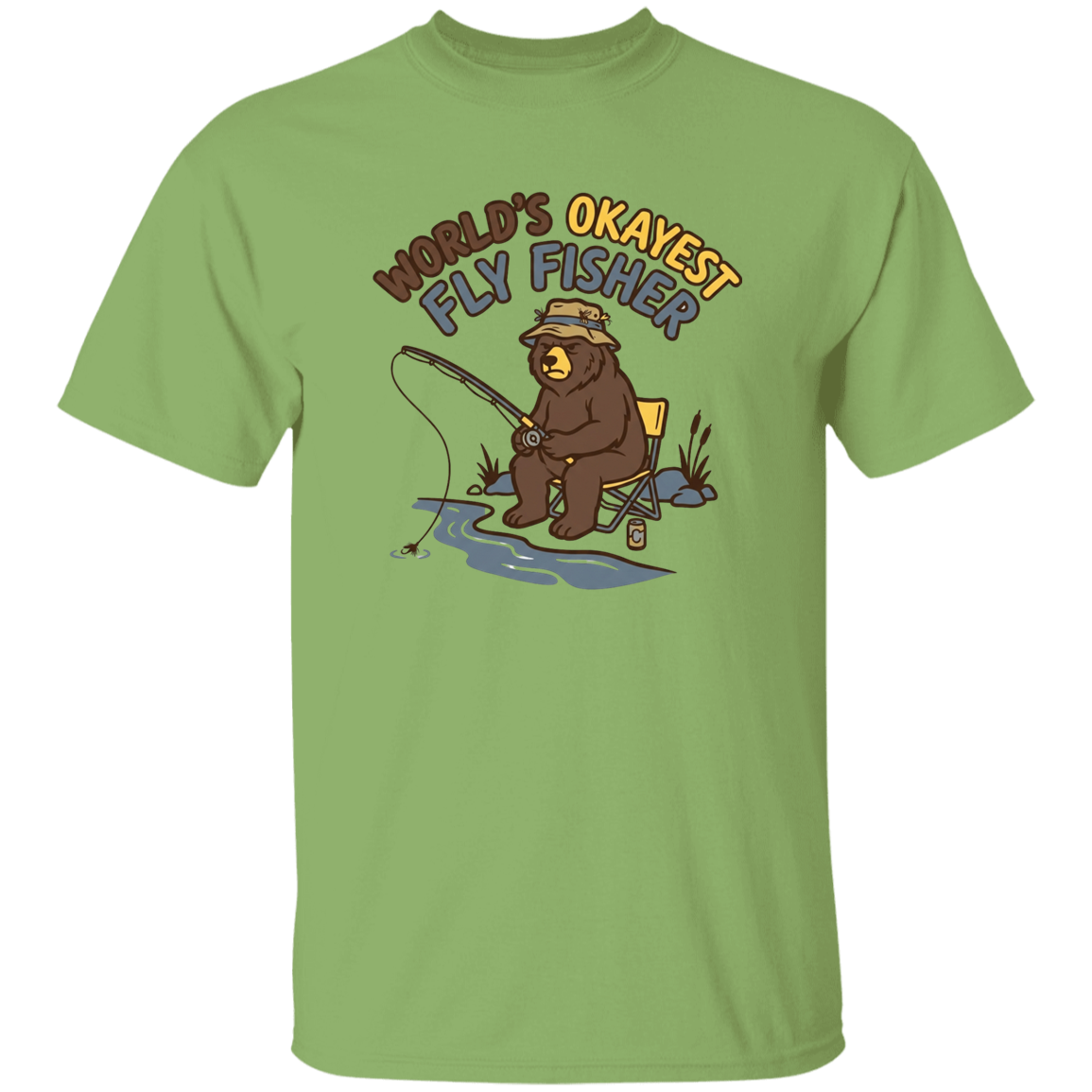 kiwi color Funny fly fishing bear graphic t-shirt for men and women – World's Okayest Fly Fisher.