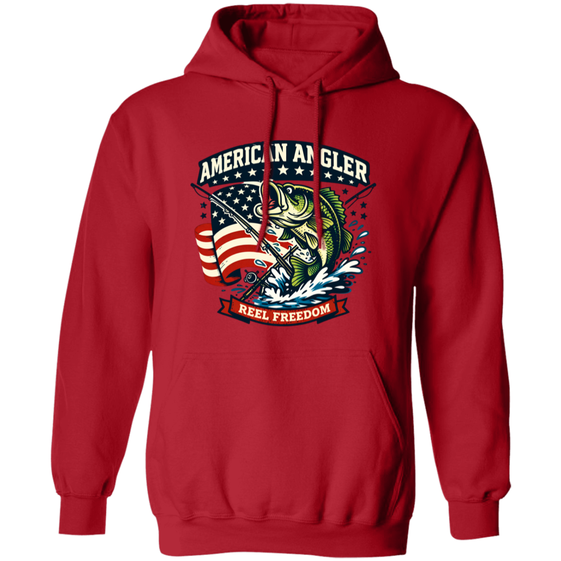 Red hoodie with "American Angler – Reel Freedom" graphic featuring a bass jumping beside an American flag.
