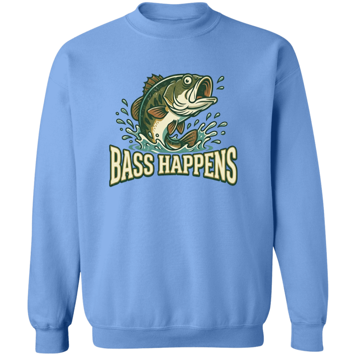 Carolina Blue color fishing design sweatshirt - Bass Happens - largemouth bass jumping out of water