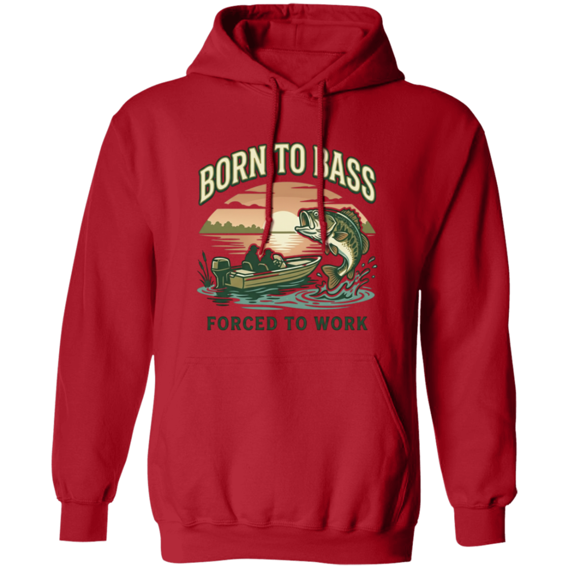 Red color Bass fishing hoodie design – Born to Bass Forced to Work – largemouth bass jumping from lake at sunset