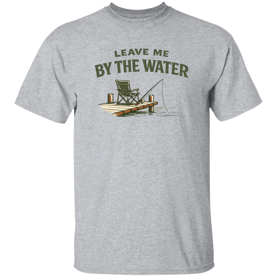 Sport Grey color Fishing dock graphic t-shirt - "Leave Me By The Water" - camp chair, fishing rod, lake ripple design