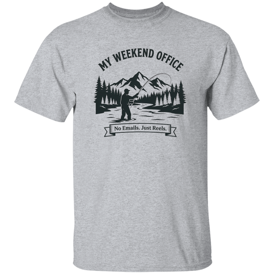 Fisherman in his weekend office t-shirt in sport-grey color