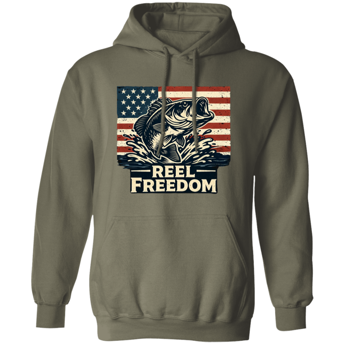 Military green color fishing hoodie with jumping bass and American flag graphic – Reel Freedom patriotic angler