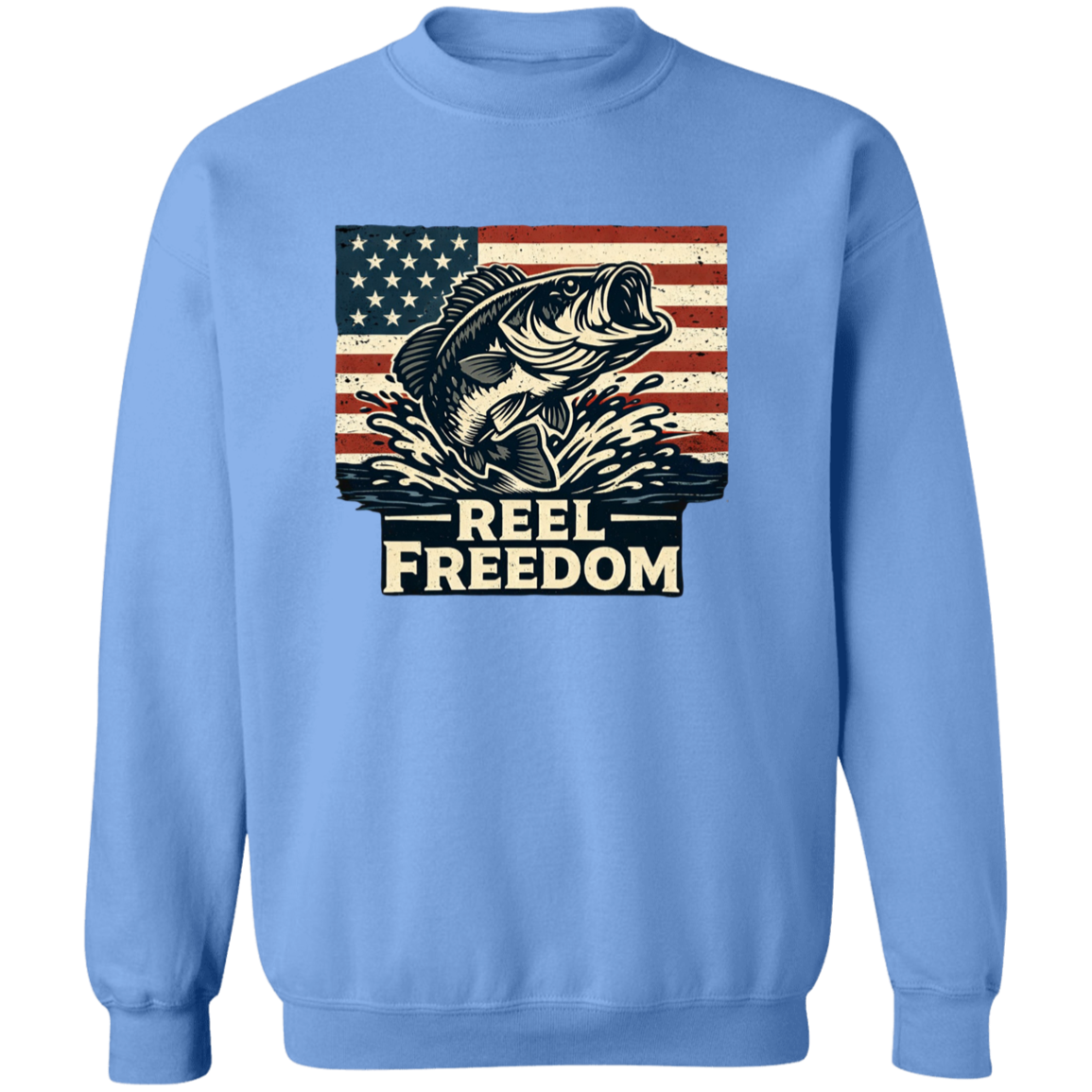 Carolina blue color fishing sweatshirt with jumping bass and American flag graphic – Reel Freedom patriotic angler