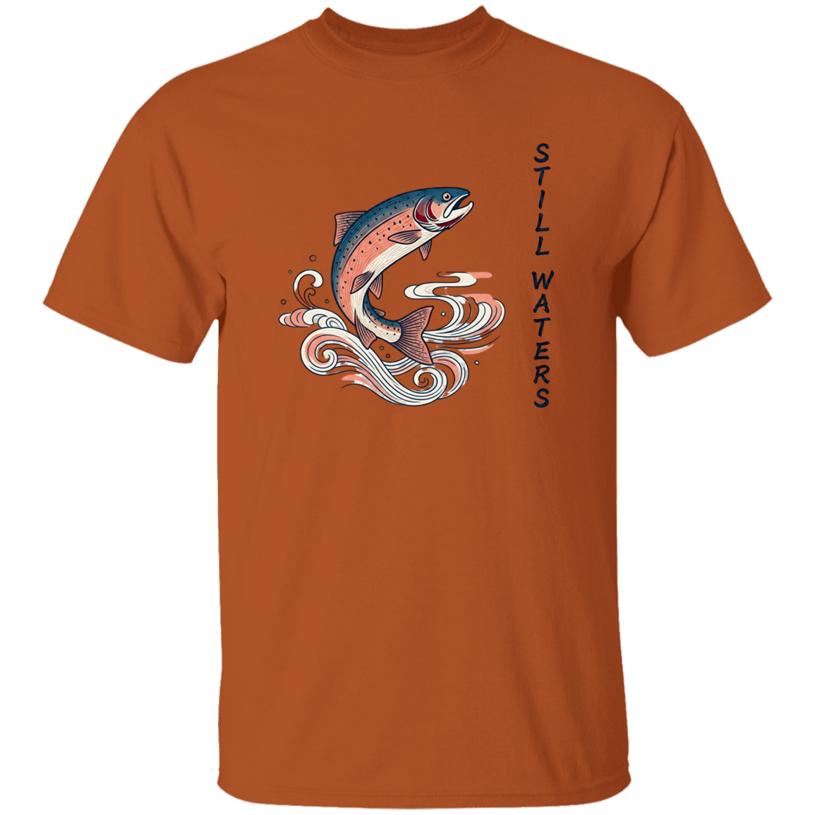 Texas Orange color Still Waters leaping trout fishing t-shirt