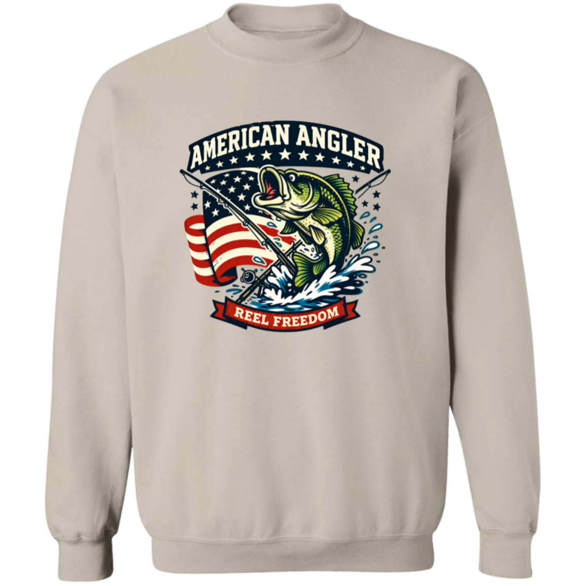 Sand color sweatshirt for men and women with "American Angler – Reel Freedom" graphic featuring a bass jumping beside an American flag.
