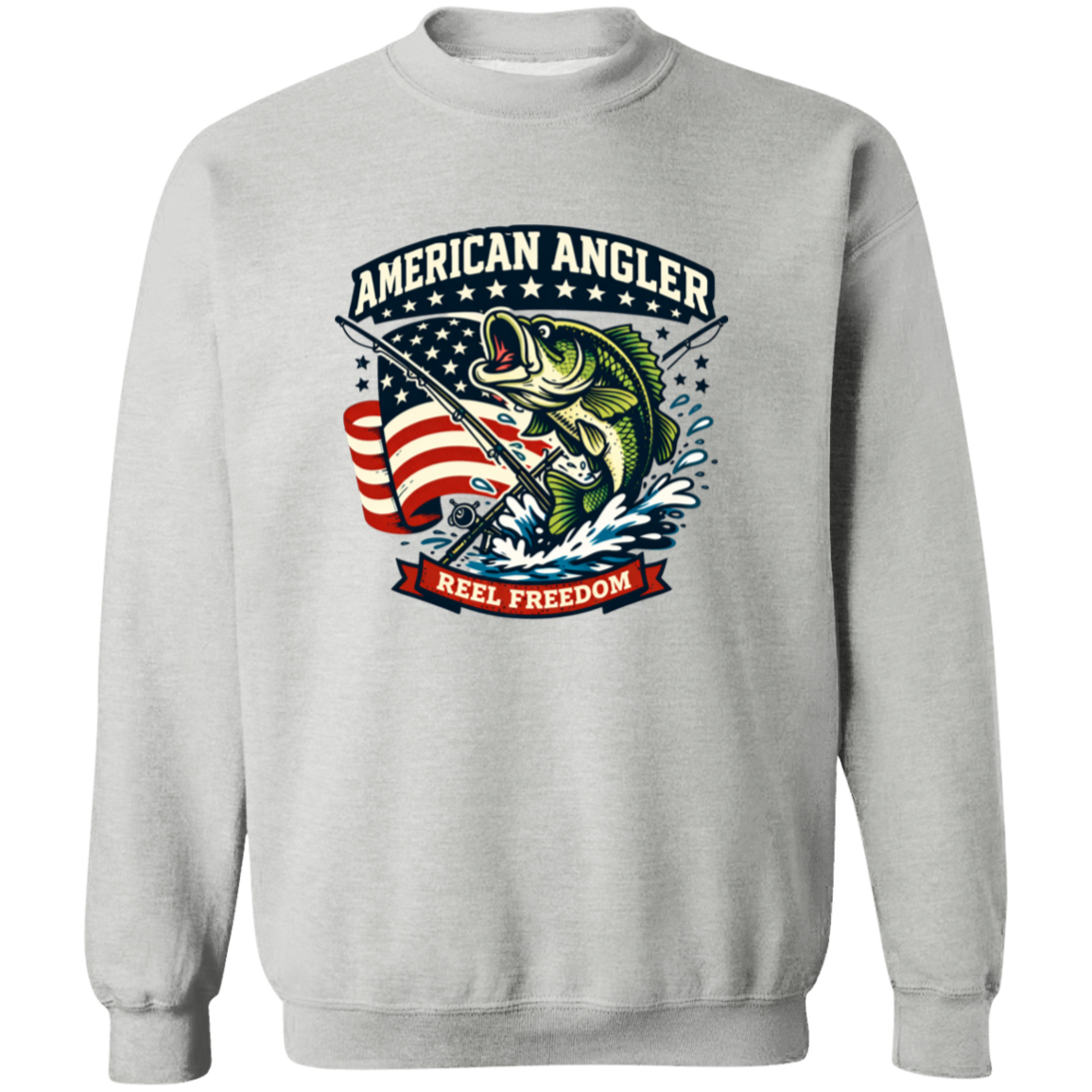 Sport grey color sweatshirt for men and women with "American Angler – Reel Freedom" graphic featuring a bass jumping beside an American flag.
