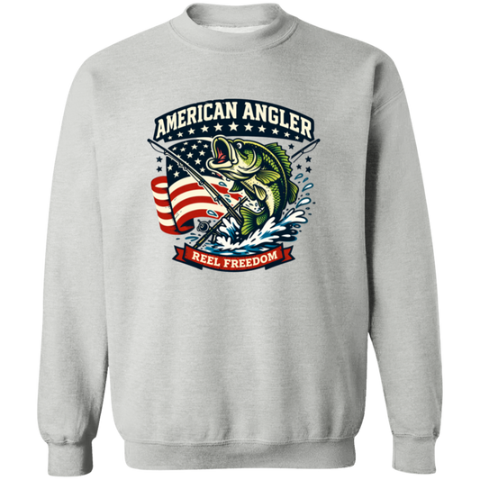 Sport grey color sweatshirt for men and women with "American Angler – Reel Freedom" graphic featuring a bass jumping beside an American flag.
