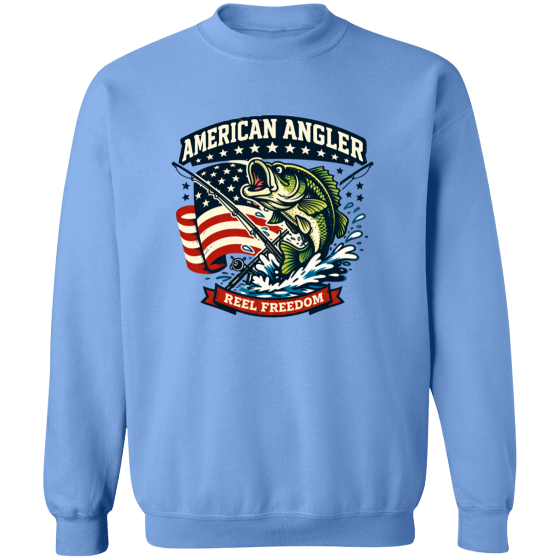 carolina blue color sweatshirt for men and women with "American Angler – Reel Freedom" graphic featuring a bass jumping beside an American flag.
