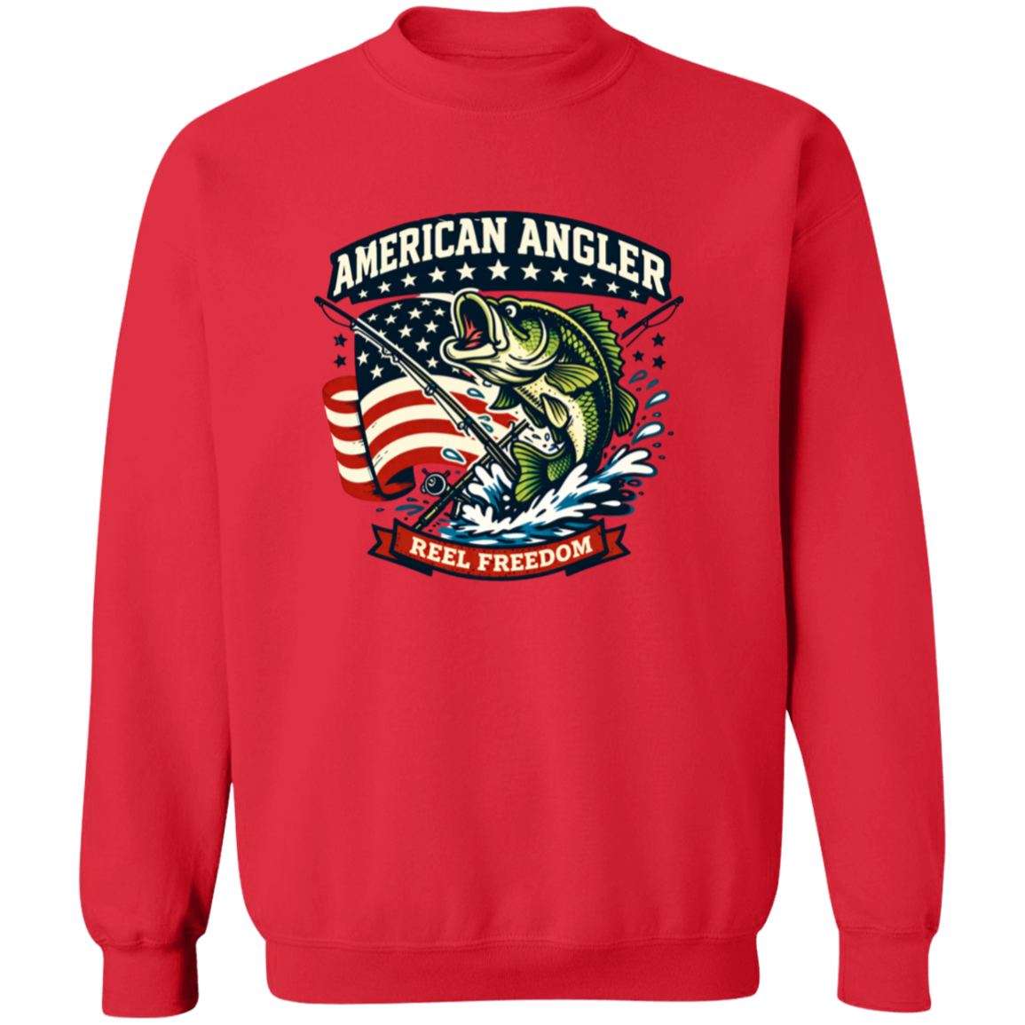 Red color sweatshirt for men and women with "American Angler – Reel Freedom" graphic featuring a bass jumping beside an American flag.
