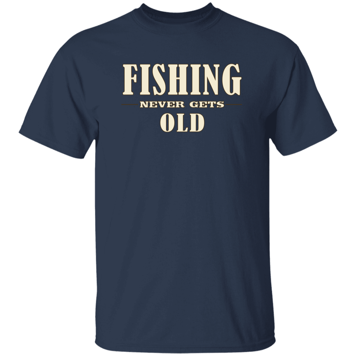 Navy color Fishing Never Gets Old t-shirt for men and women, funny fishing quote graphic tee, Shopify fishing apparel
