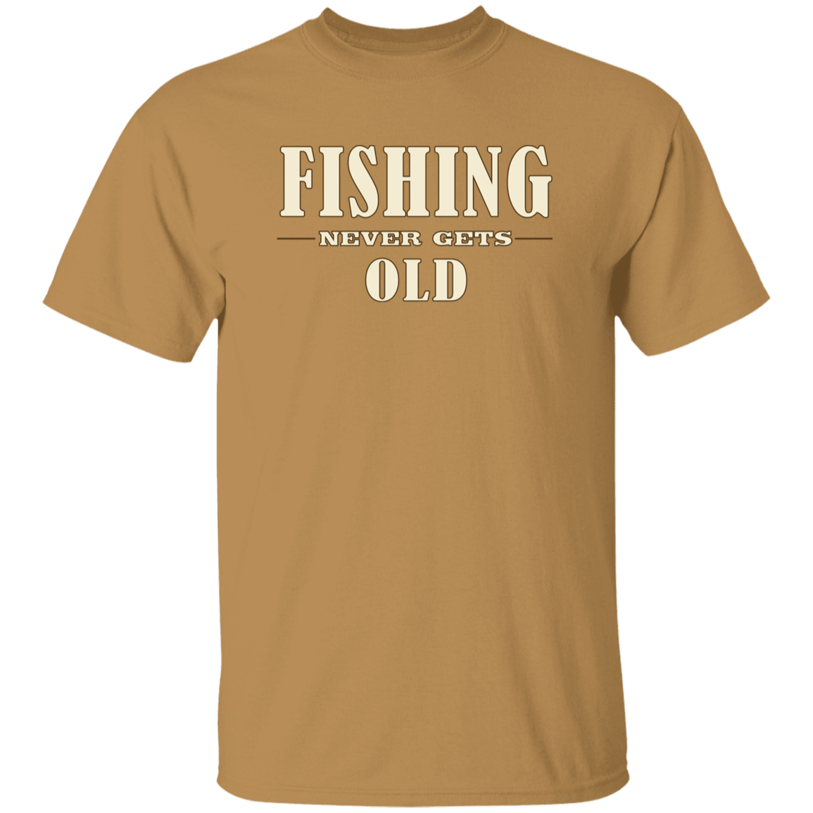 Old-gold colorFishing Never Gets Old t-shirt for men and women, funny fishing quote graphic tee, Shopify fishing apparel