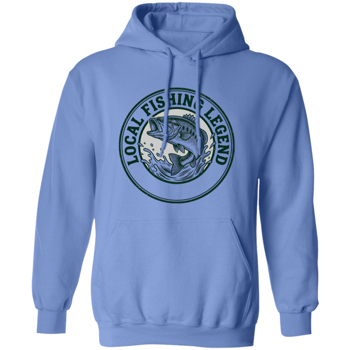 Local Fishing Legend hoodie with a jumping bass in Carolina-blue