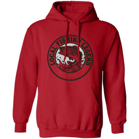 Local Fishing Legend hoodie with a jumping bass in red