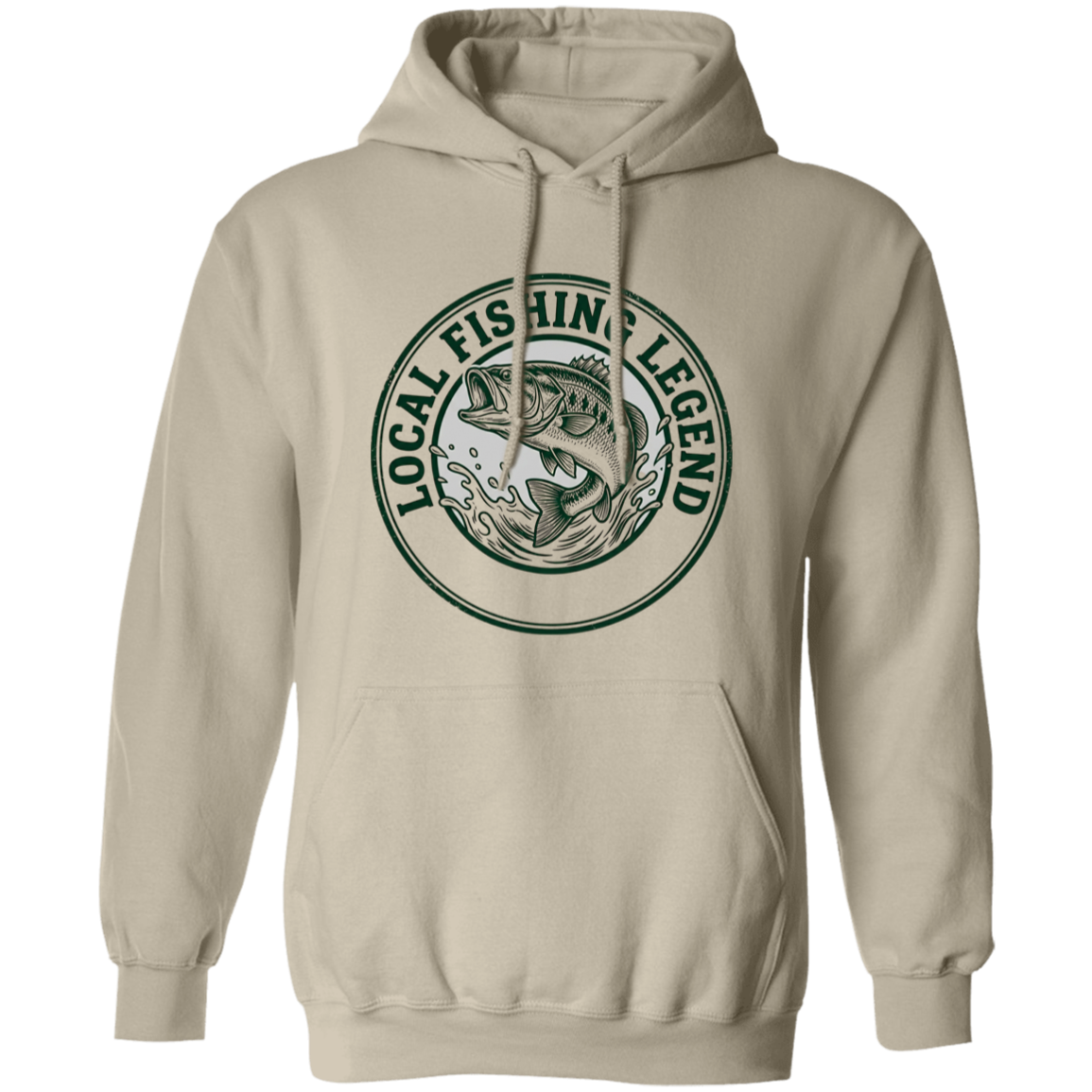 Local Fishing Legend hoodie with a jumping bass in sand