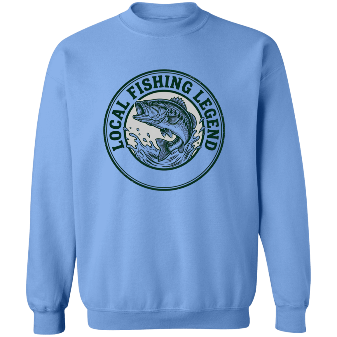 Local Fishing Legend sweatshirt with a jumping bass in Carolina-blue