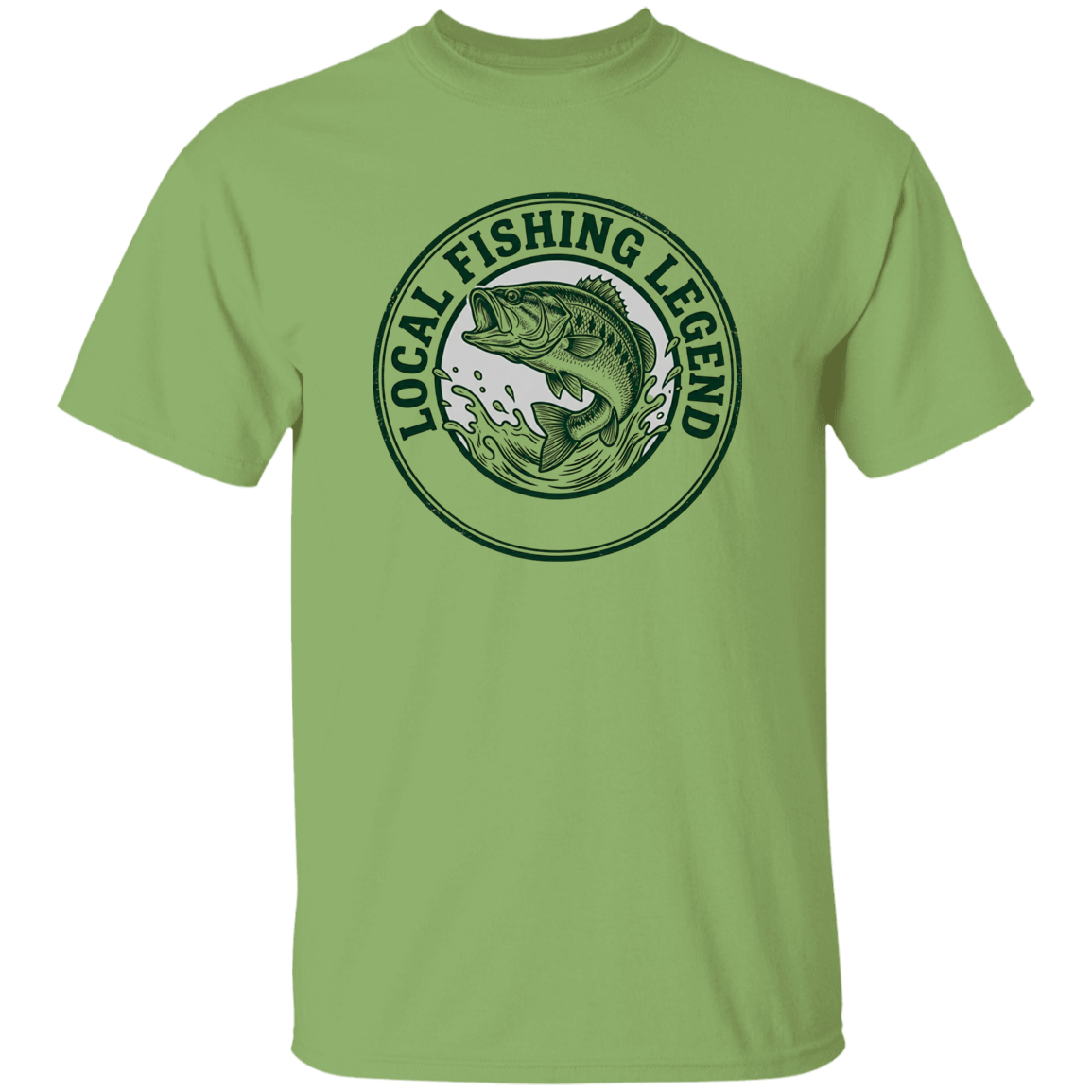 Local Fishing Legend T-Shirt with a jumping bass in kiwi