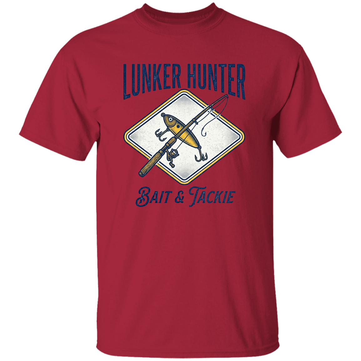 Lunker Hunter Bait & Tackle T-Shirt with a crossed rod and lure cardinal in color