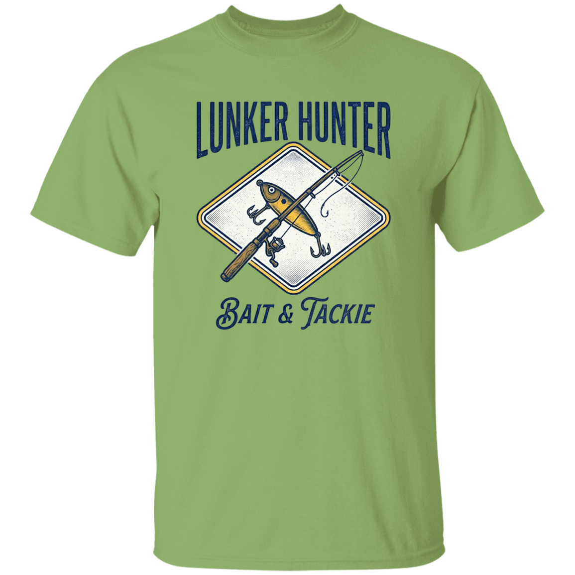 Lunker Hunter Bait & Tackle T-Shirt with a crossed rod and lure kiwi in color