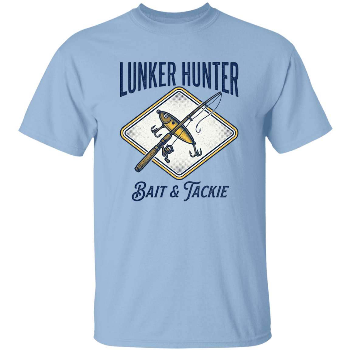 Lunker Hunter Bait & Tackle T-Shirt with a crossed rod and lure  light blue in color