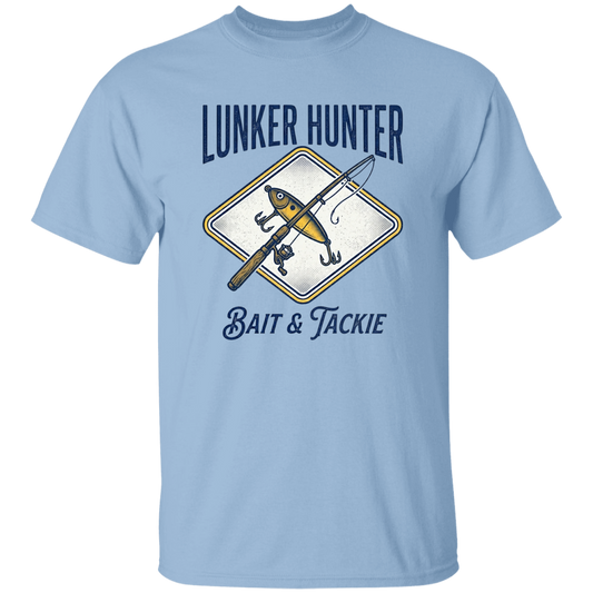 Lunker Hunter Bait & Tackle T-Shirt with a crossed rod and lure  light blue in color