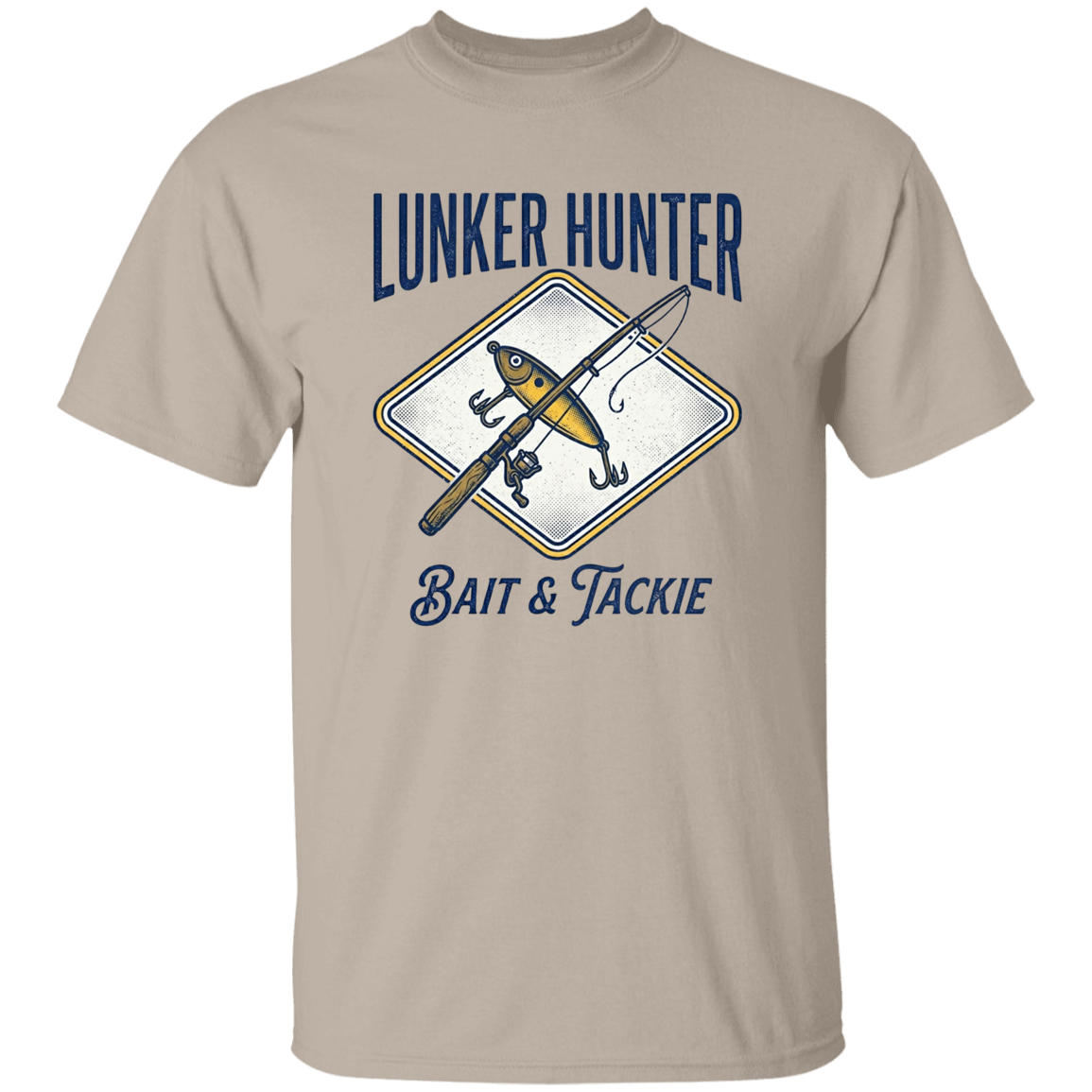 Lunker Hunter Bait & Tackle T-Shirt with a crossed rod and lure sand in color