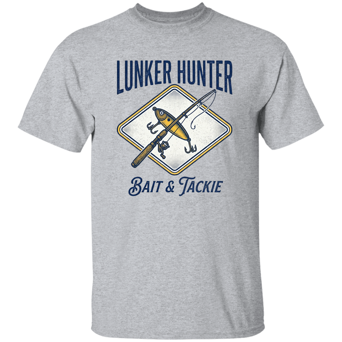 Lunker Hunter Bait & Tackle T-Shirt with a crossed rod and lure sport-grey in color