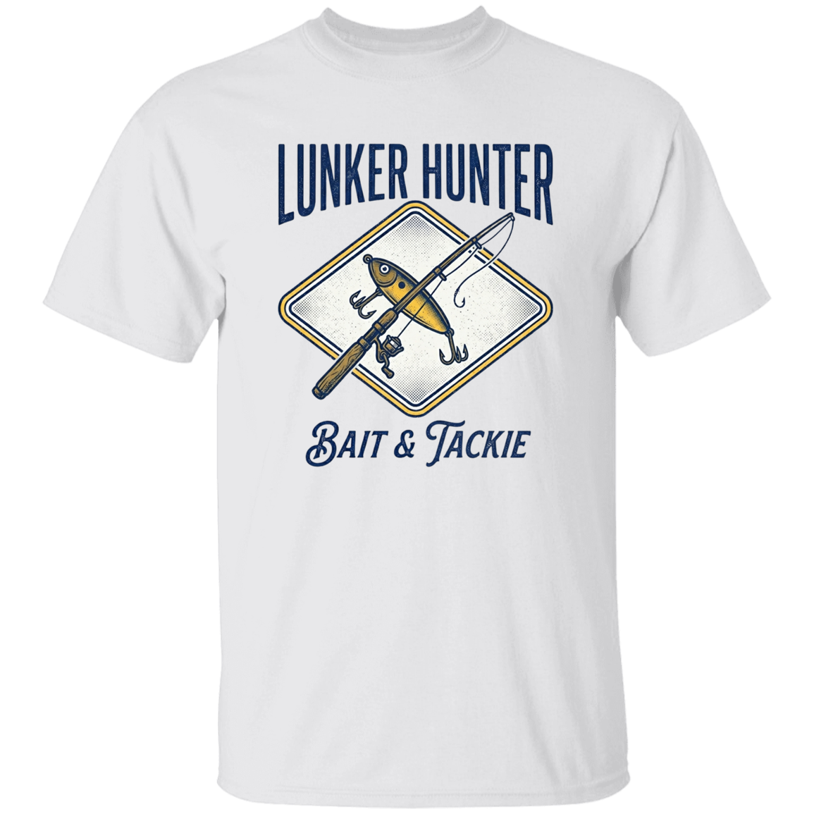 Lunker Hunter Bait & Tackle T-Shirt with a crossed rod and lure White in color