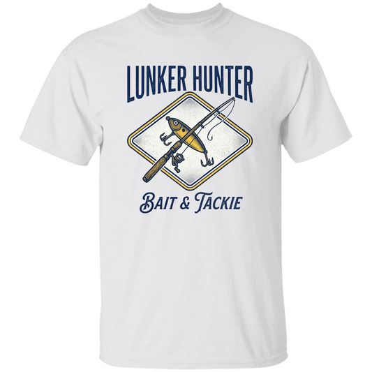 Lunker Hunter Bait & Tackle T-Shirt with a crossed rod and lure White in color