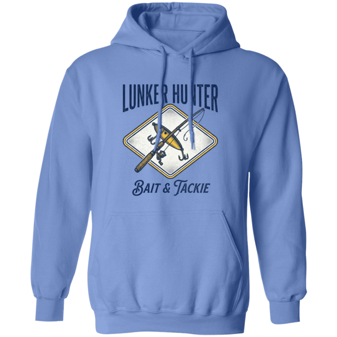Lunker Hunter Bait & Tackle Hoodie with a crossed rod and lure carolina-blue in color