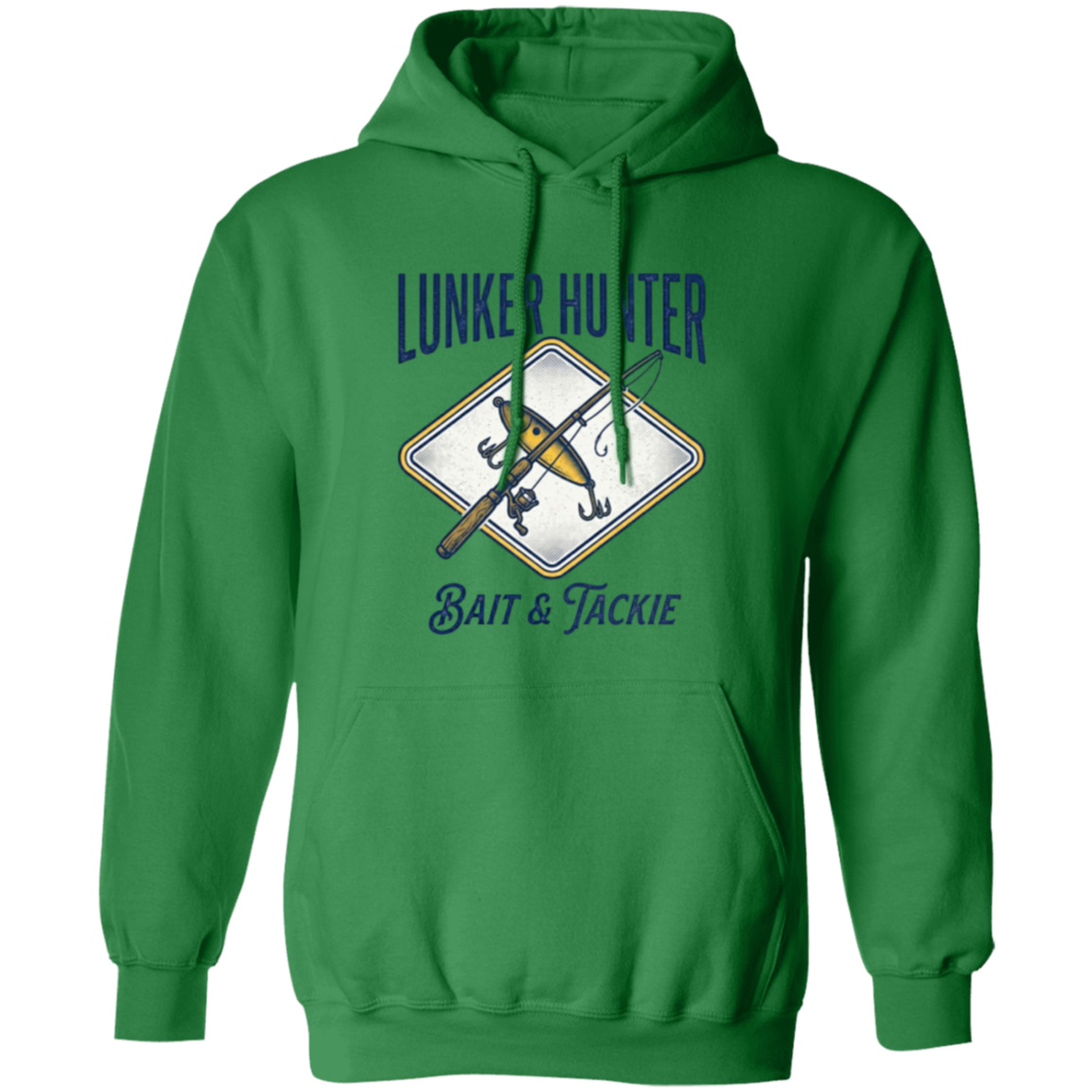 Lunker Hunter Bait & Tackle Hoodie with a crossed rod and lure irish-green in color