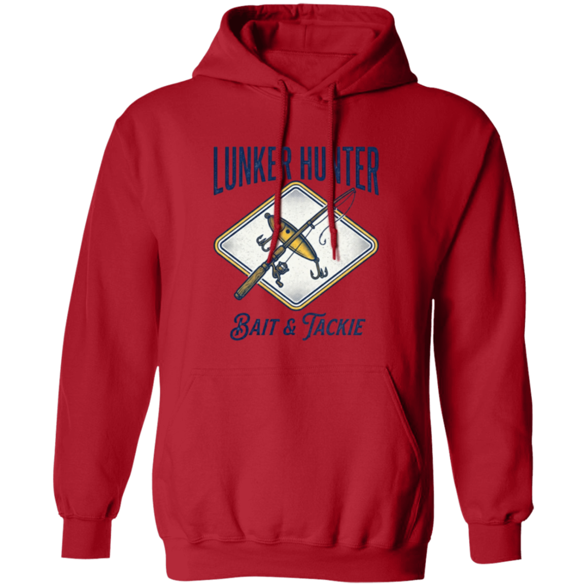 Lunker Hunter Bait & Tackle Hoodie with a crossed rod and lure red in color