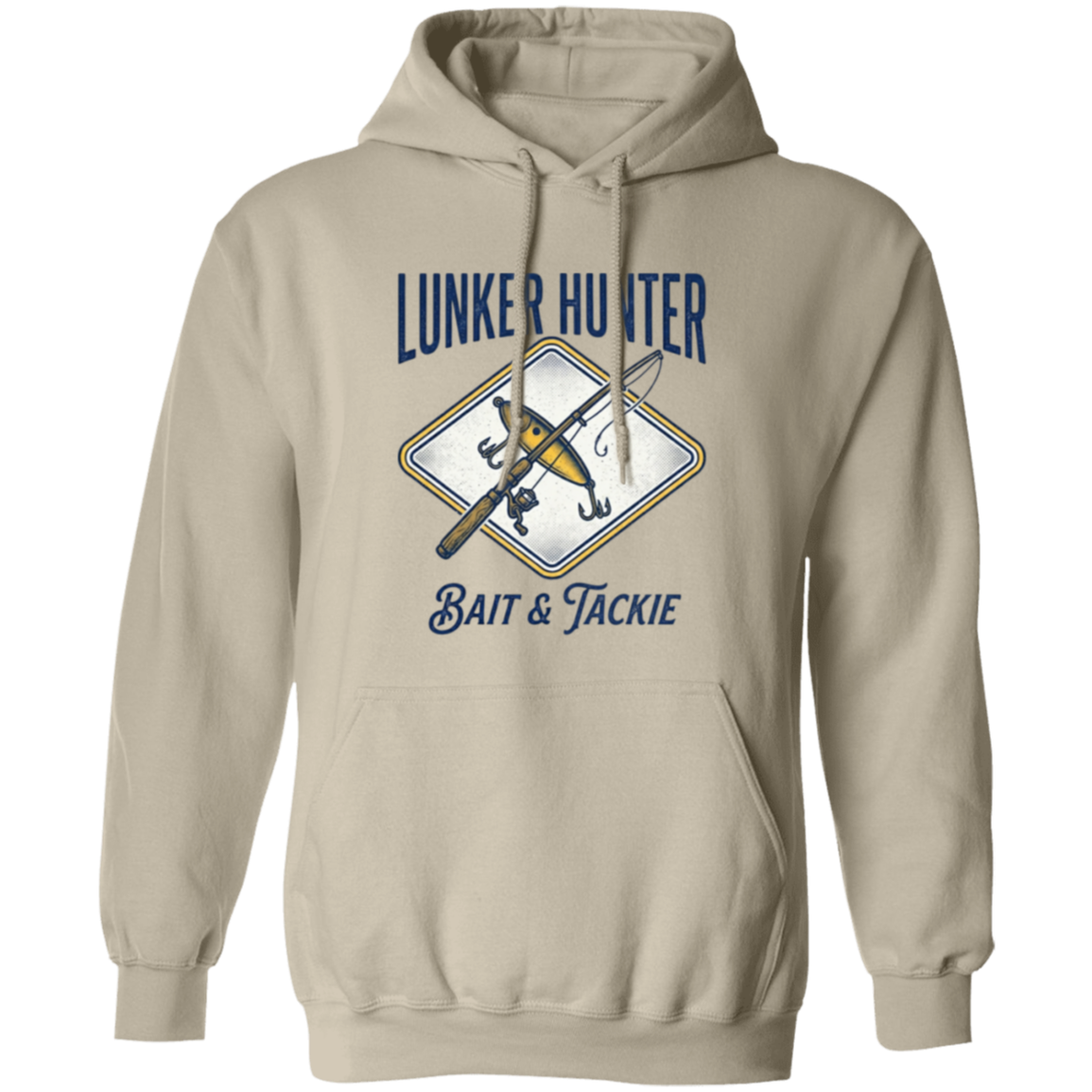 Lunker Hunter Bait & Tackle Hoodie with a crossed rod and lure sand in color