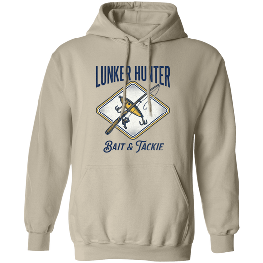 Lunker Hunter Bait & Tackle Hoodie with a crossed rod and lure sand in color