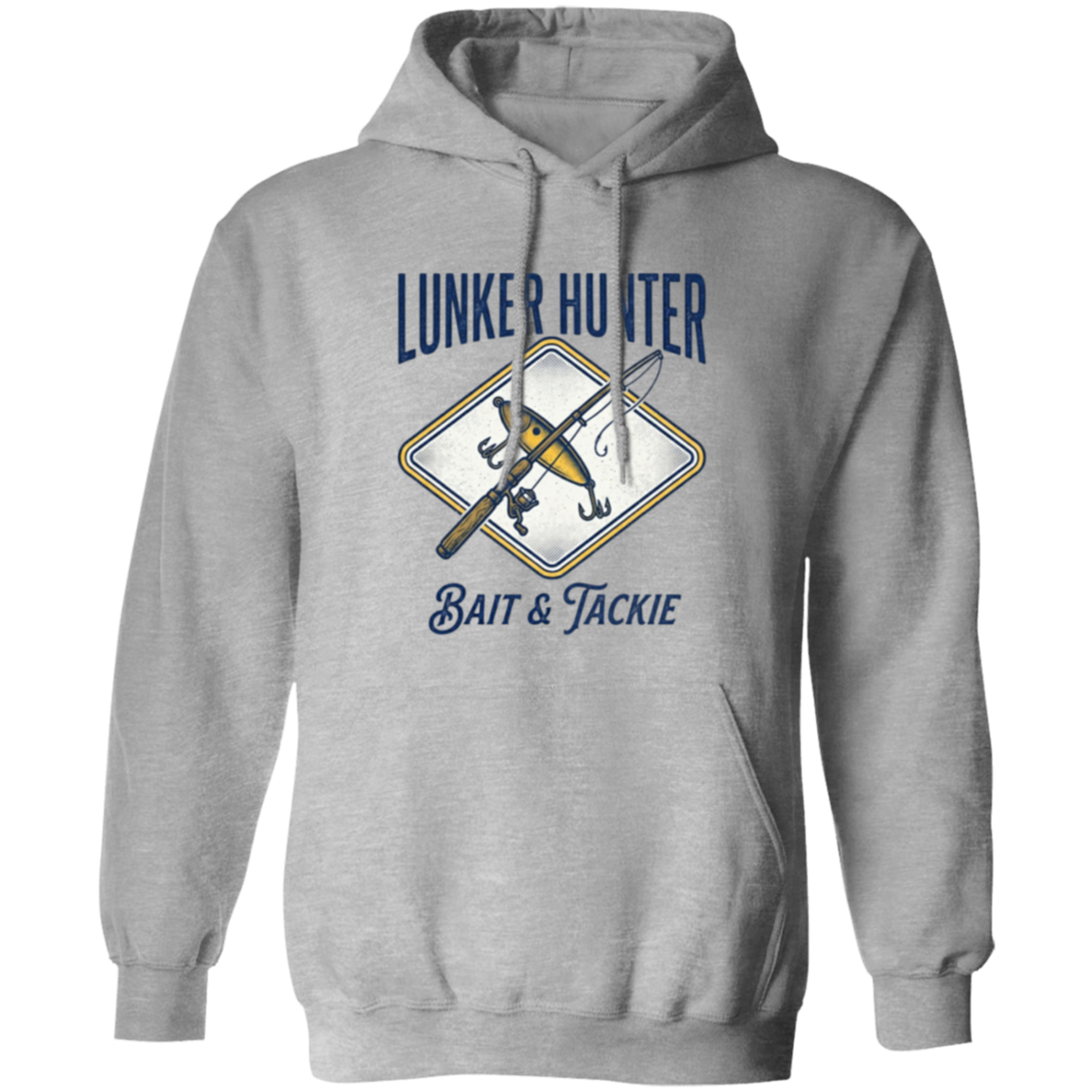 Lunker Hunter Bait & Tackle Hoodie with a crossed rod and lure sport-grey in color