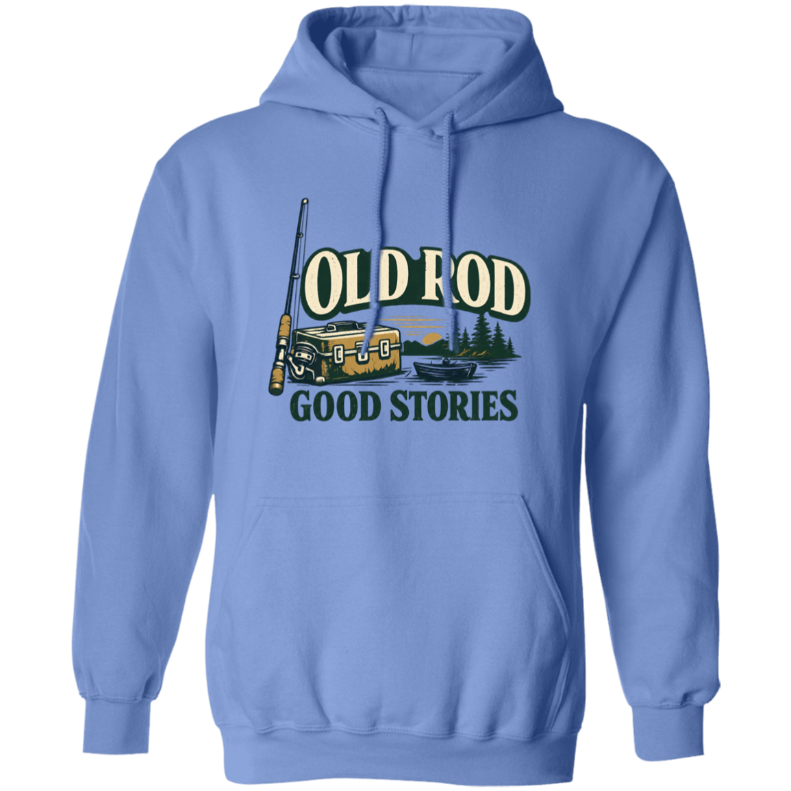 Carolina Blue old Rod Good Stories vintage fishing design hoodie with rod, tackle box, boat, and lake scene

