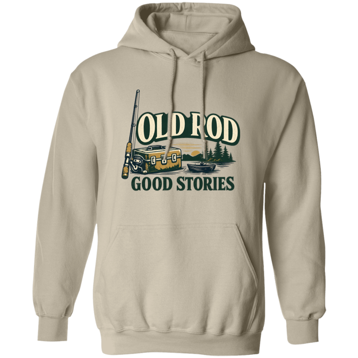 Sand color old Rod Good Stories vintage fishing design hoodie with rod, tackle box, boat, and lake scene
