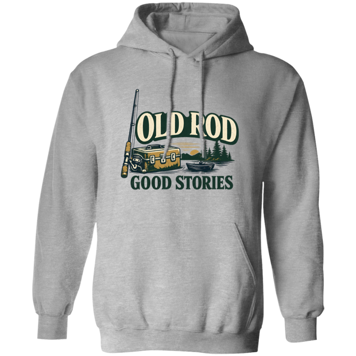Sport Grey old Rod Good Stories vintage fishing design hoodie with rod, tackle box, boat, and lake scene
