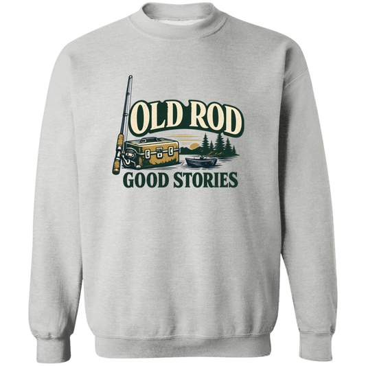 Sport Grey old Rod Good Stories vintage fishing design sweatshirt with rod, tackle box, boat, and lake scene
