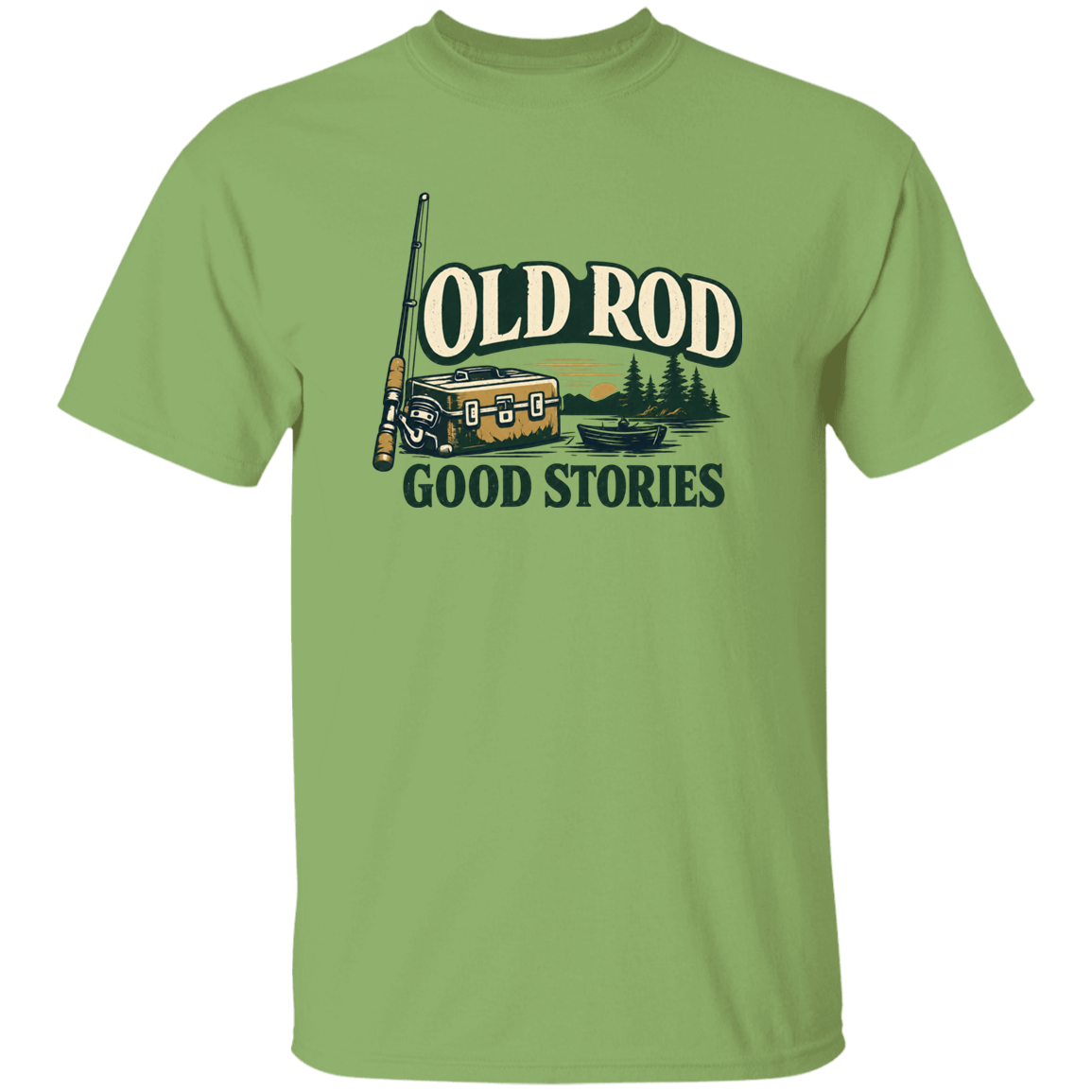 Kiwi color old Rod Good Stories vintage fishing design t-shirt with rod, tackle box, boat, and lake scene
