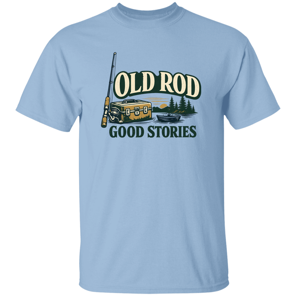 Light Blue old Rod Good Stories vintage fishing design v with rod, tackle box, boat, and lake scene
