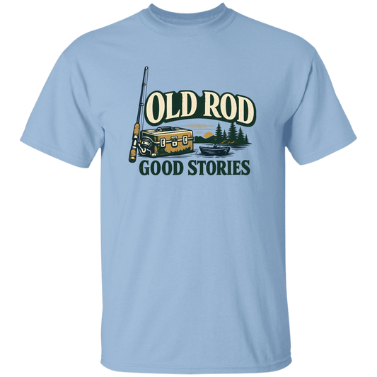 Light Blue old Rod Good Stories vintage fishing design v with rod, tackle box, boat, and lake scene
