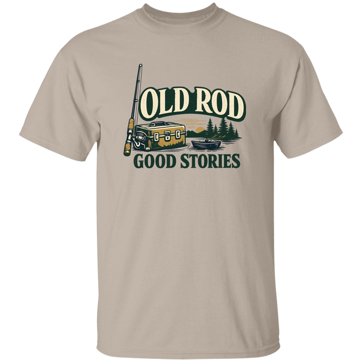 Sand color old Rod Good Stories vintage fishing design t-shirt with rod, tackle box, boat, and lake scene
