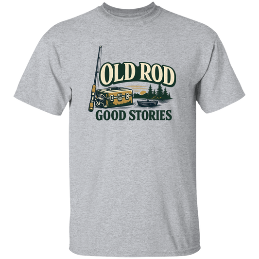Sport Grey old Rod Good Stories vintage fishing design t-shirt with rod, tackle box, boat, and lake scene
