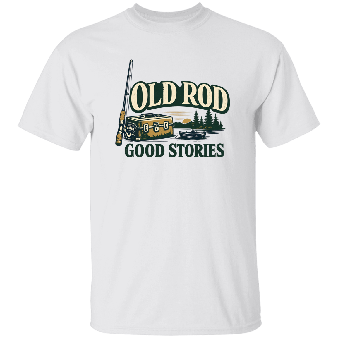 White color old Rod Good Stories vintage fishing design t-shirt with rod, tackle box, boat, and lake scene
